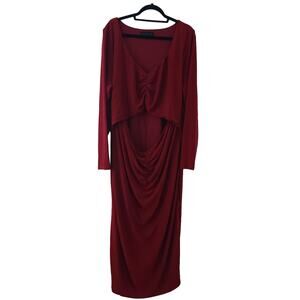 Eloquii Maxi Dress 26 Plus Size Red Shimmer Cutout Cinched Long Sleeve Ruched